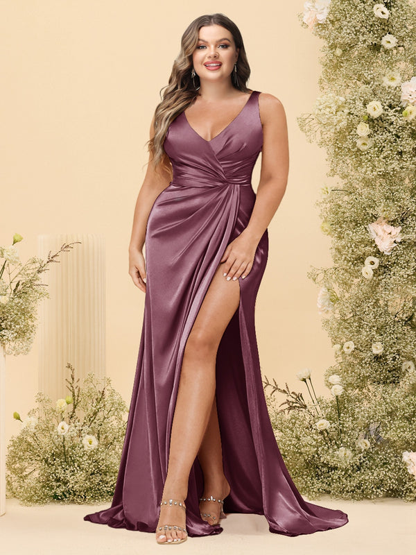 Sheath/Column V-Neck Long Formal Plus Size Dresses with Split Side & Ruched