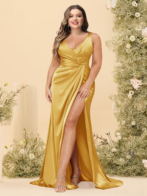 Sheath/Column V-Neck Long Formal Plus Size Dresses with Split Side & Ruched