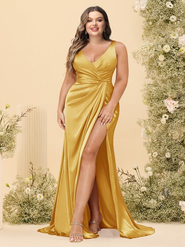 Sheath/Column V-Neck Long Formal Plus Size Dresses with Split Side & Ruched