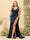 Sheath/Column V-Neck Long Formal Plus Size Dresses with Split Side & Ruched