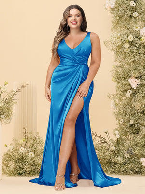 Sheath/Column V-Neck Long Formal Plus Size Dresses with Split Side & Ruched