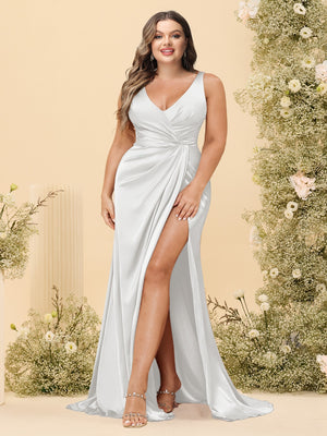 Sheath/Column V-Neck Long Formal Plus Size Dresses with Split Side & Ruched