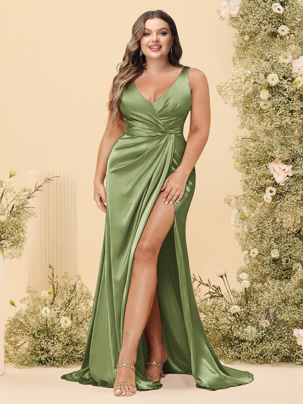 Sheath/Column V-Neck Long Formal Plus Size Dresses with Split Side & Ruched