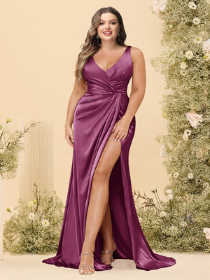 Sheath/Column V-Neck Long Formal Plus Size Dresses with Split Side & Ruched