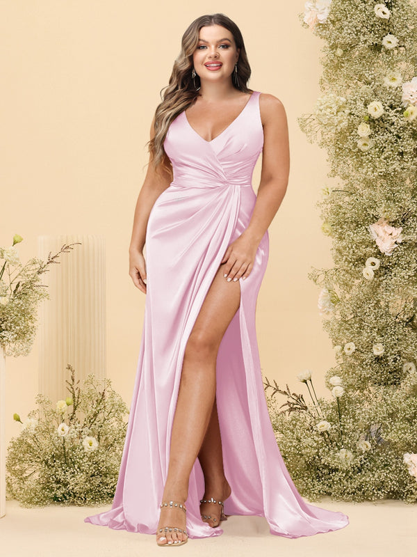 Sheath/Column V-Neck Long Formal Plus Size Dresses with Split Side & Ruched