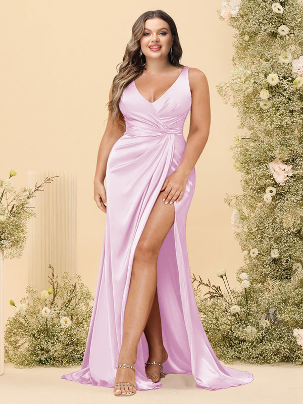 Sheath/Column V-Neck Long Formal Plus Size Dresses with Split Side & Ruched