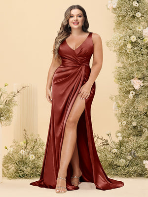 Sheath/Column V-Neck Long Formal Plus Size Dresses with Split Side & Ruched