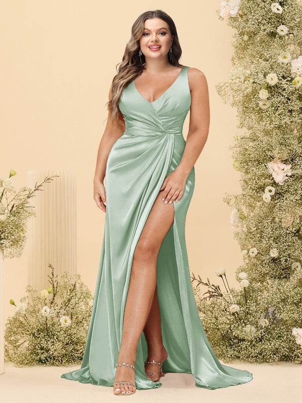 Sheath/Column V-Neck Long Formal Plus Size Dresses with Split Side & Ruched