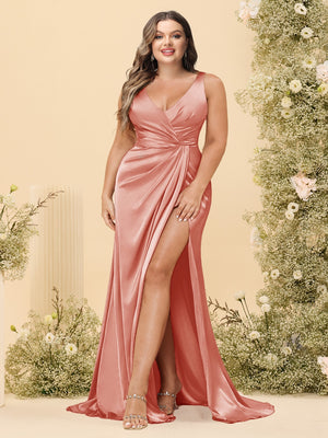 Sheath/Column V-Neck Long Formal Plus Size Dresses with Split Side & Ruched
