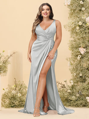 Sheath/Column V-Neck Long Formal Plus Size Dresses with Split Side & Ruched