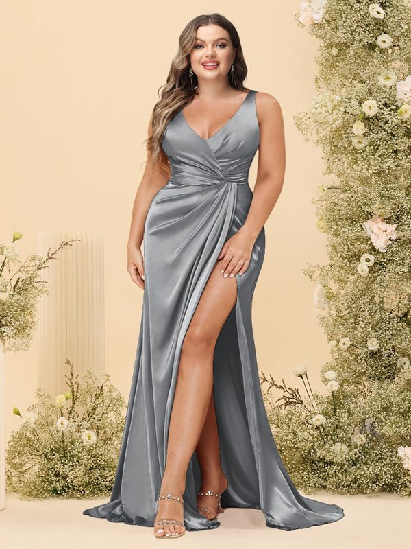 Sheath/Column V-Neck Long Formal Plus Size Dresses with Split Side & Ruched