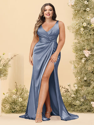 Sheath/Column V-Neck Long Formal Plus Size Dresses with Split Side & Ruched