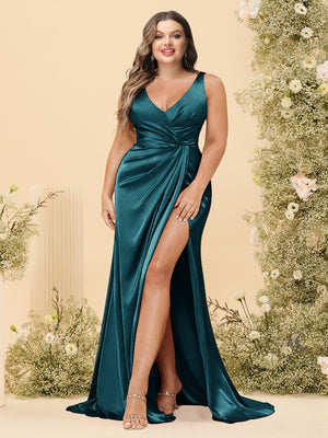 Sheath/Column V-Neck Long Formal Plus Size Dresses with Split Side & Ruched