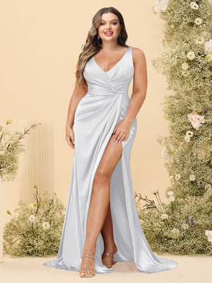 Sheath/Column V-Neck Long Formal Plus Size Dresses with Split Side & Ruched