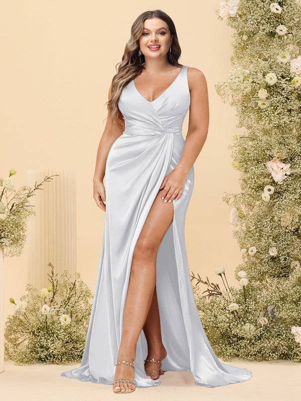 Sheath/Column V-Neck Long Formal Plus Size Dresses with Split Side & Ruched