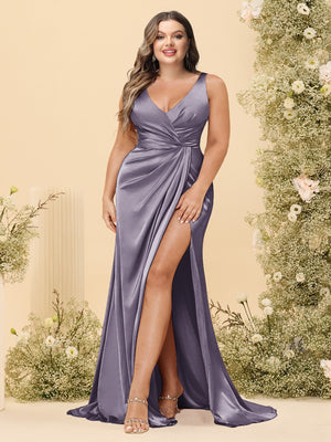 Sheath/Column V-Neck Long Formal Plus Size Dresses with Split Side & Ruched
