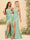 Sheath/Column Spaghetti Straps Long Formal Dresses with Split Side & Ruched