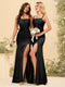 Sheath/Column Spaghetti Straps Long Formal Dresses with Split Side & Ruched