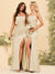 Sheath/Column Spaghetti Straps Long Formal Dresses with Split Side & Ruched