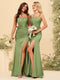 Sheath/Column Spaghetti Straps Long Formal Dresses with Split Side & Ruched