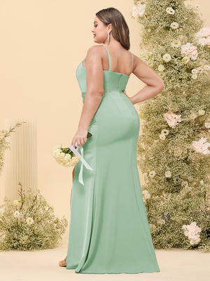 Sheath/Column Spaghetti Straps Long Formal Plus Size Dresses with Split Side & Ruched