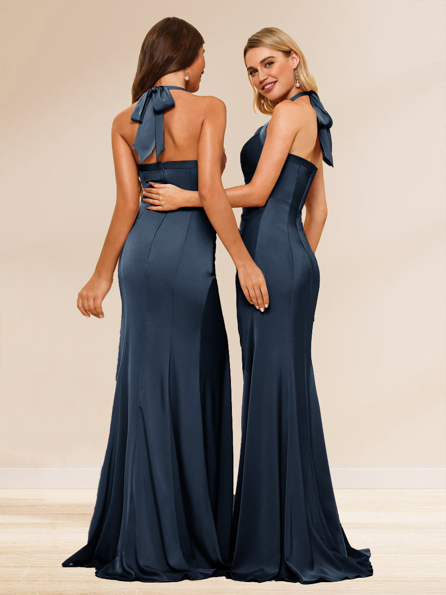 Sheath/Column Halter Sweetheart Long Evening Dresses with Split Side &amp; Ruched