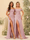 Sheath/Column Off-the-Shoulder Long Formal Dresses with Split Side & Ruched