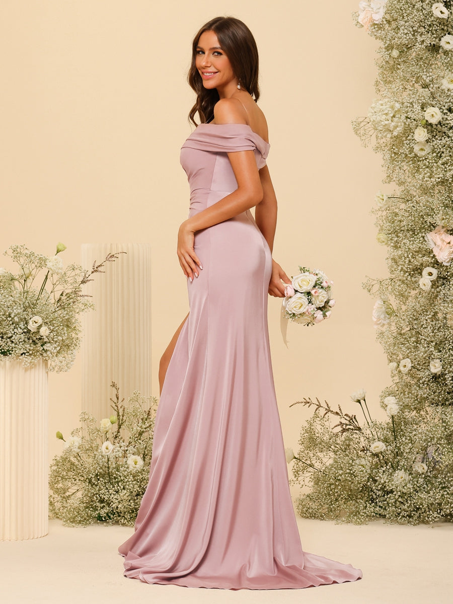Sheath/Column Off-the-Shoulder Long Formal Dresses with Split Side &amp; Ruched