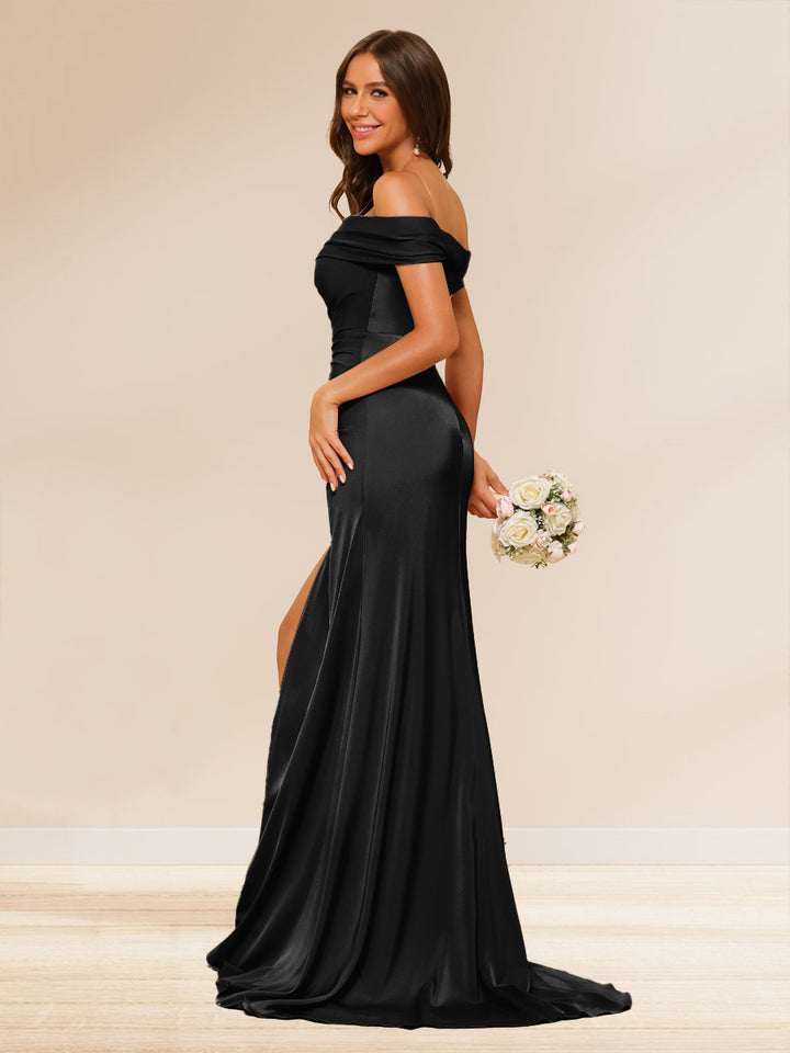 Sheath/Column Off-the-Shoulder Long Evening Dresses with Split Side &amp; Ruched