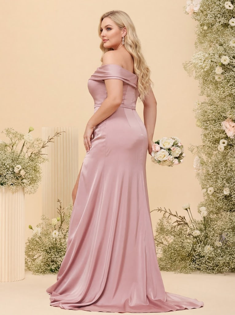 Sheath/Column Off-the-Shoulder Long Formal Plus Size Dresses with Split Side &amp; Ruched