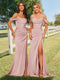 Sheath/Column Off-the-Shoulder Spaghetti Straps Long Formal Dresses with Split Side