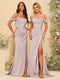 Sheath/Column Off-the-Shoulder Spaghetti Straps Long Formal Dresses with Split Side