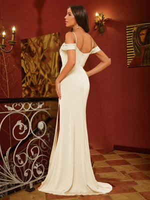 Sheath/Column Off-the-Shoulder Spaghetti Straps Long Evening Dresses with Split Side