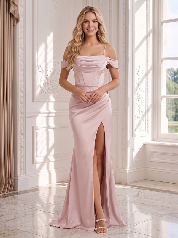 Sheath/Column Off-the-Shoulder Spaghetti Straps Wedding Guest Dresses with Split Side
