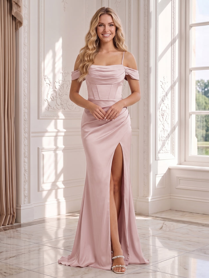 Sheath/Column Off-the-Shoulder Spaghetti Straps Wedding Guest Dresses with Split Side