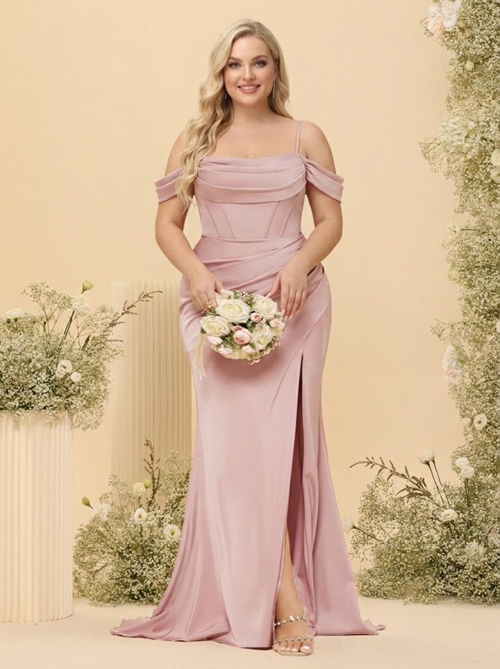 Sheath/Column Off-the-Shoulder Spaghetti Straps Long Formal Plus Size Dresses with Split Side