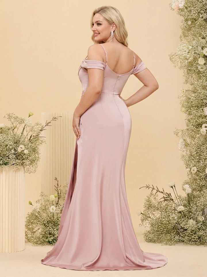 Sheath/Column Off-the-Shoulder Spaghetti Straps Long Formal Plus Size Dresses with Split Side