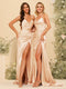 Sheath/Column Spaghetti Straps Long Formal Dresses with Split Side & Ruched