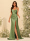 Sheath/Column Spaghetti Straps Long Formal Dresses with Split Side & Ruched