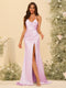 Sheath/Column Spaghetti Straps Long Formal Dresses with Split Side & Ruched