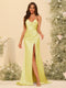 Sheath/Column Spaghetti Straps Long Formal Dresses with Split Side & Ruched