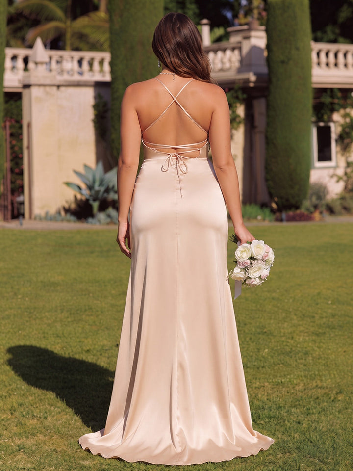 Sheath/Column Cowl Neck Sleeveless Dense Stretch Satin Floor-Length Plus Size Bridesmaid Dresses with Split Side &amp; Ruched