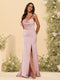 Sheath/Column Spaghetti Straps Long Formal Dresses with Split Side & Ruched