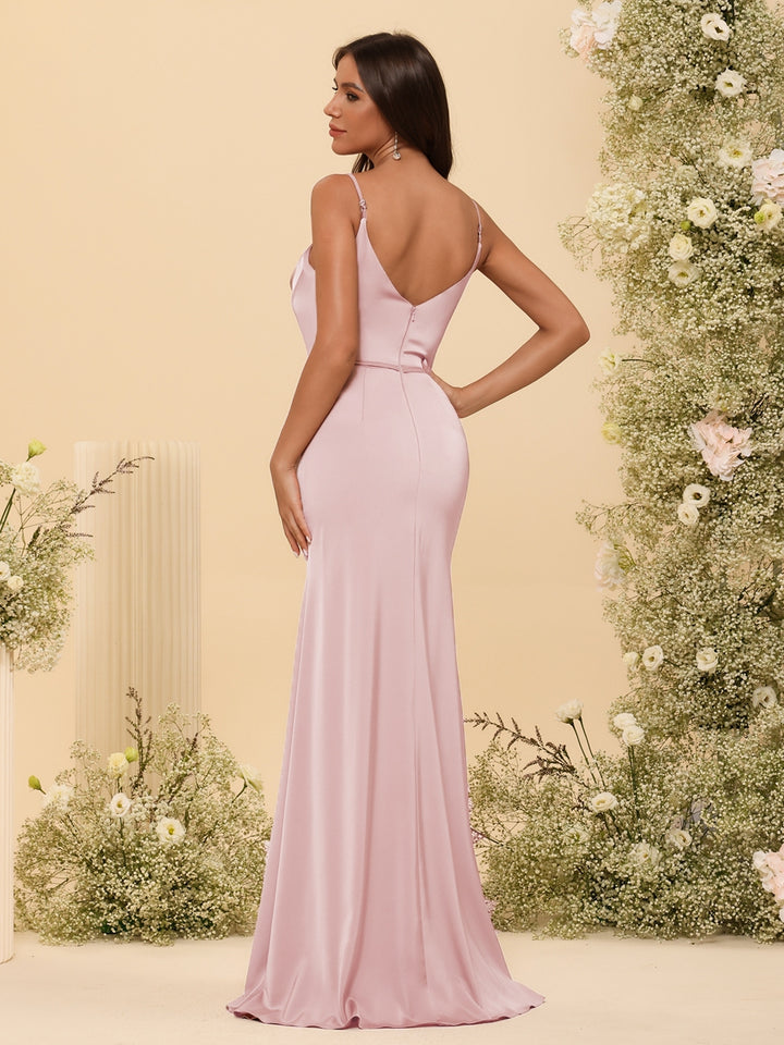 Sheath/Column Spaghetti Straps Long Formal Dresses with Split Side &amp; Ruched
