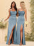 Sheath/Column Spaghetti Straps Long Formal Dresses with Split Side & Ruched