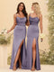 Sheath/Column Spaghetti Straps Long Formal Dresses with Split Side & Ruched