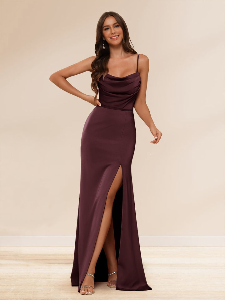 Sheath/Column Spaghetti Straps Long Formal Dresses with Split Side &amp; Ruched