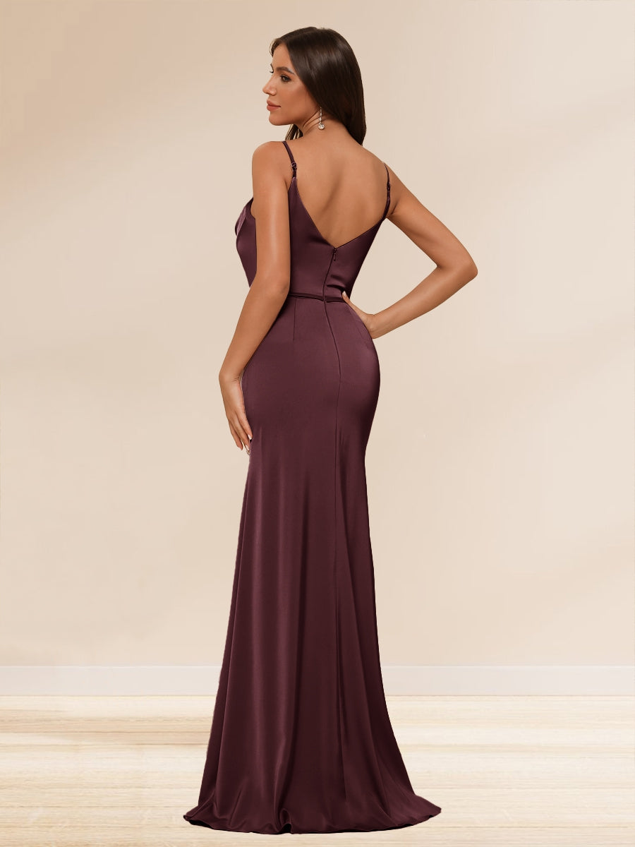 Sheath/Column Spaghetti Straps Long Formal Dresses with Split Side &amp; Ruched