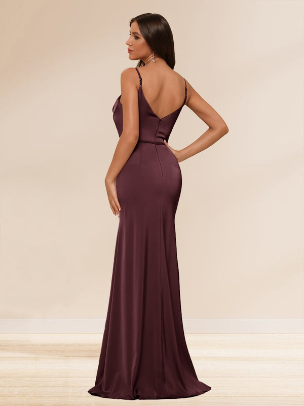 Sheath/Column Spaghetti Straps Long Formal Dresses with Split Side & Ruched