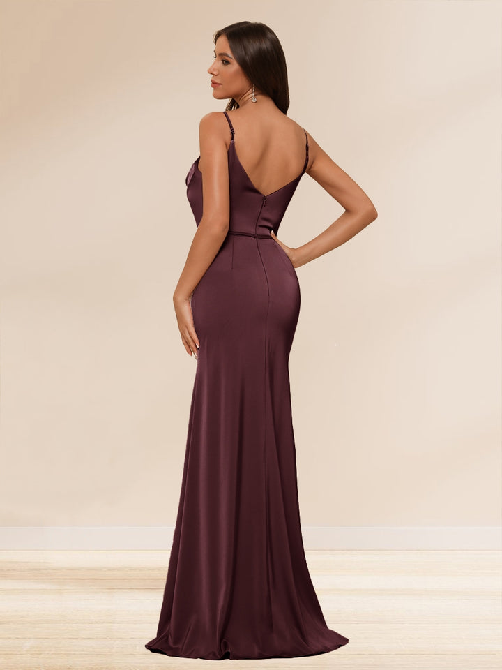 Sheath/Column Spaghetti Straps Long Formal Dresses with Split Side &amp; Ruched